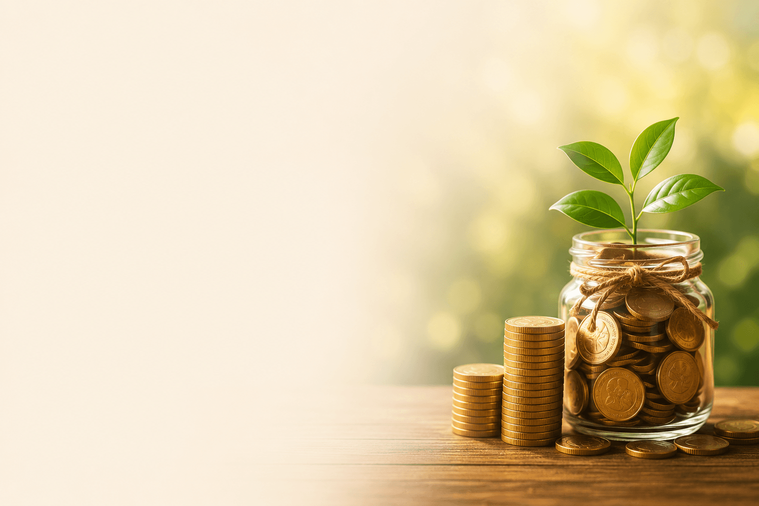 A young plant growing from a jar of coins, beside stacked coins on a wooden table